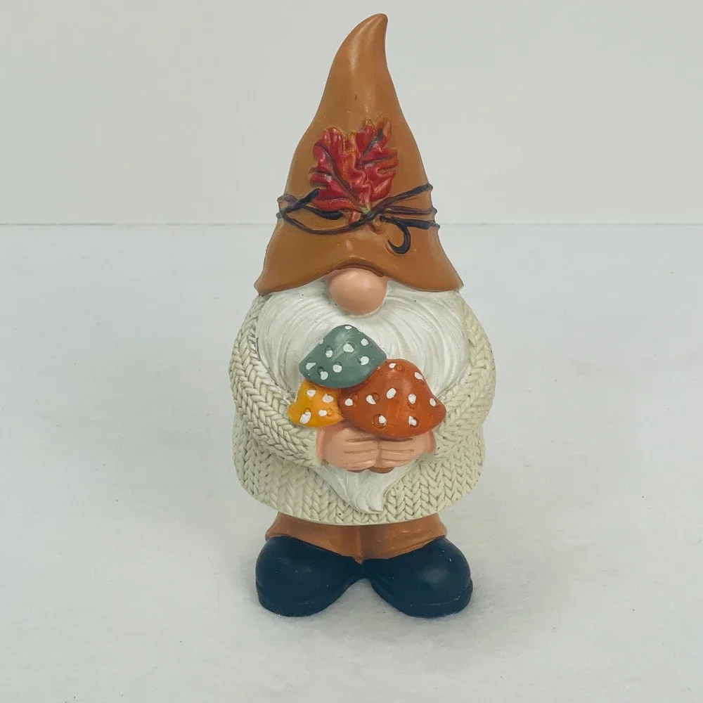 Fall Gnome Figurine Autumn Decor Cable Knit Sweater Mushrooms Brown Hat 6.5 Inch